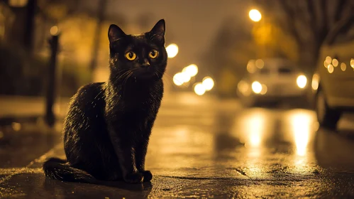 Yellow-Eyed Black Cat on a Rainy Night