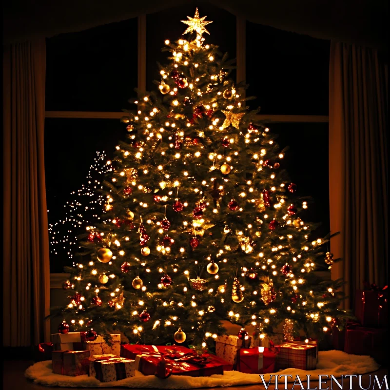 Festive Christmas Tree Display with Ornaments and Gifts AI Image