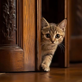 Innocent Kitten Peering Through Carved Wooden Door