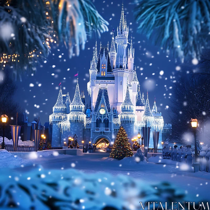 Enchanting Christmas Castle in Snowy Night AI Image