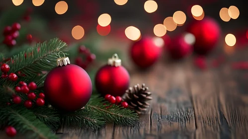 Christmas Baubles and Pine Cones with Bokeh Lights