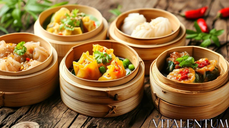 Exquisite Dim Sum Delights: A Visual Feast on a Wooden Table AI Image