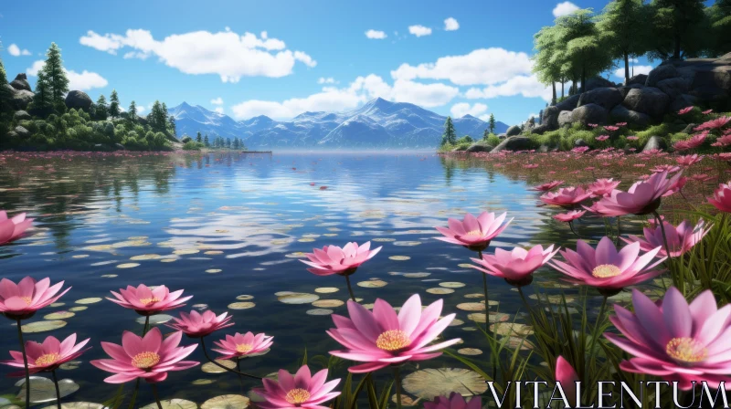 Pink Lotus Flowers and Tranquil Lake - Nature's Fantasy Artwork AI Image