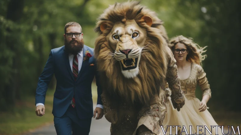 Wedding Adventure with Lion: A Unique Portrayal AI Image