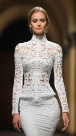 White Lace Dress on the Runway: Intricate Cut-Outs and Hyper-Realistic Details