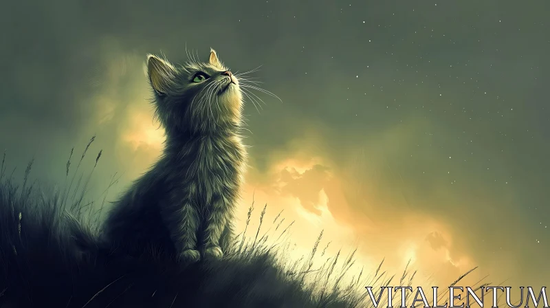 Fluffy Cat Looking at Stars in a Mystical Twilight AI Image