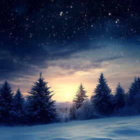 Twilight in a Winter Forest with Starry Sky