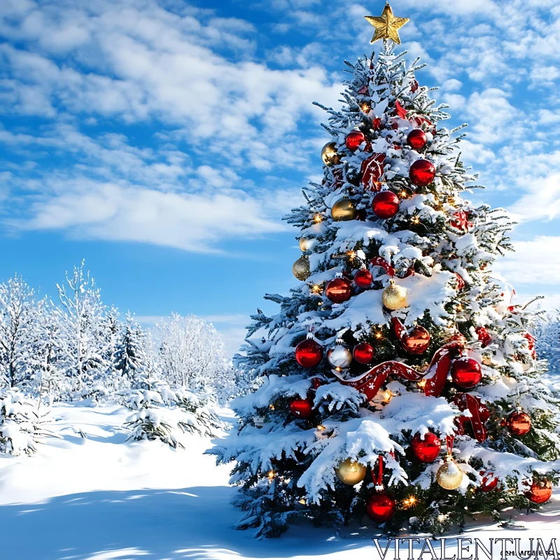 Festive Christmas Tree in Snowy Setting AI Image