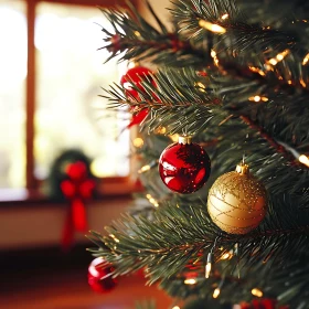 Festive Christmas Tree with Red and Gold Baubles