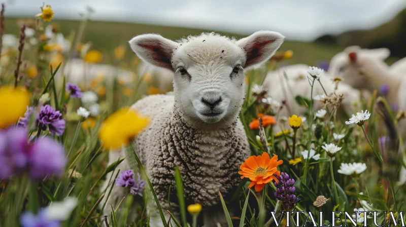 Captivating Lamb in a Colorful Field of Flowers AI Image