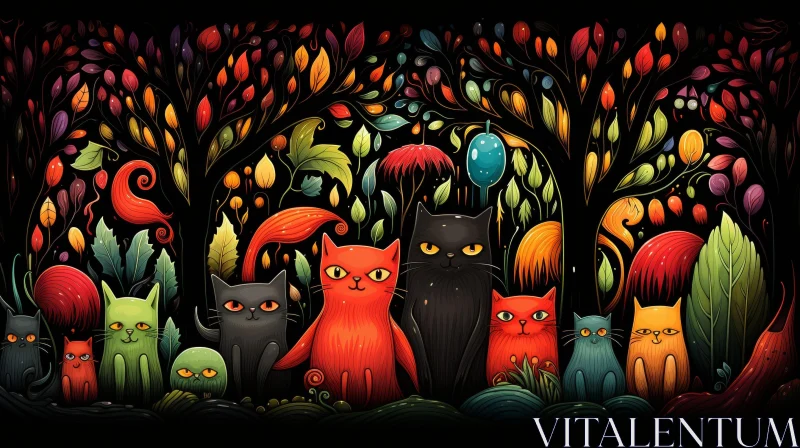 Colorful Group of Cats in Dark Forest AI Image