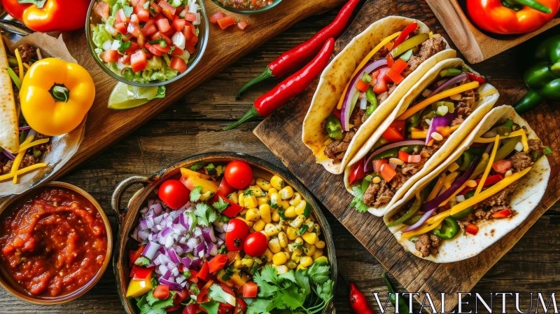 AI ART Delicious Mexican Food Flat Lay | Tacos, Salsa, Corn Salad