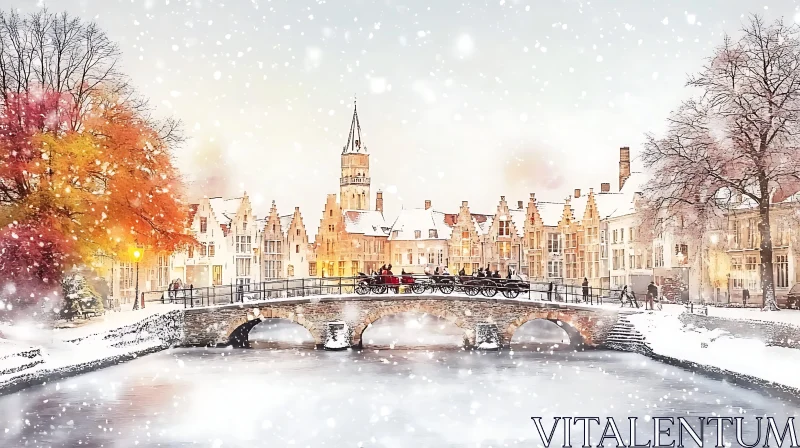 Snowy Bridge and Historic Buildings in Winter AI Image