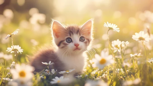 Fluffy Kitten Enjoying Spring in a Flower Field