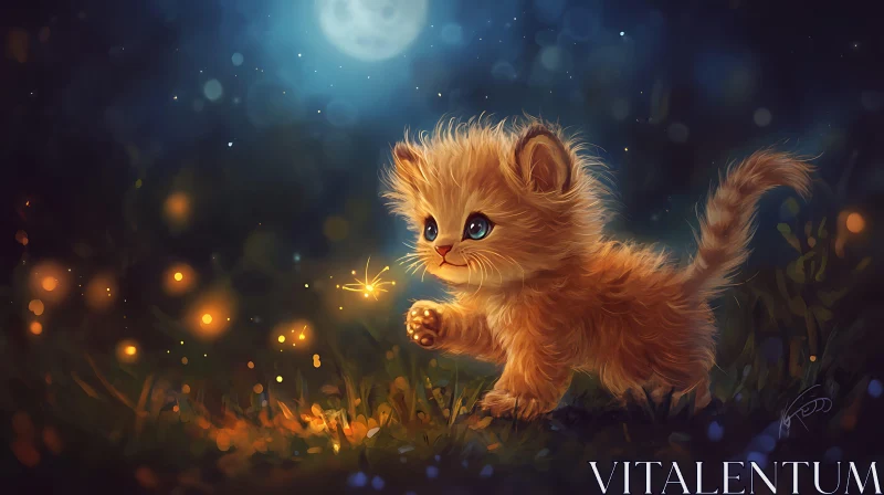 Enchanting Kitten with Firefly under Moonlight AI Image