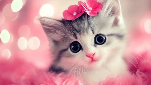 Cute Kitten Adorned with Pink Flower