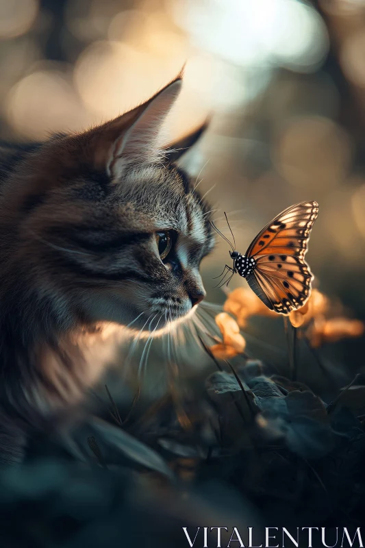 AI ART Cat and Butterfly Nature Interaction