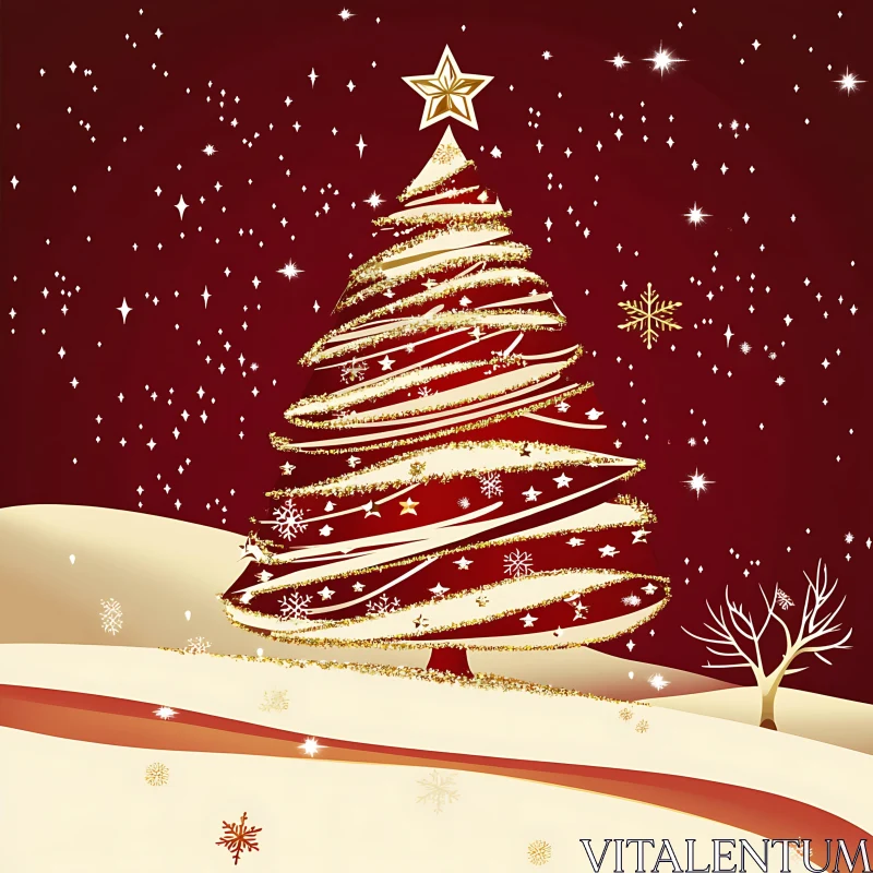 Glittering Tree on Red Holiday Scene AI Image