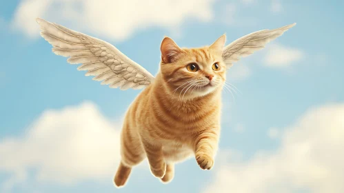 Majestic Winged Cat Soaring Over Clouds