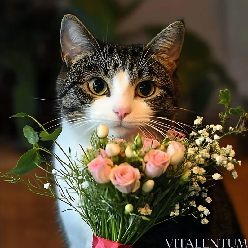 Cat Holding Pink and White Bouquet AI Image