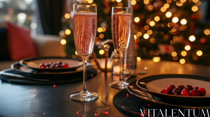 Elegant Christmas Celebration with Champagne Glasses and Festive Decor AI Image