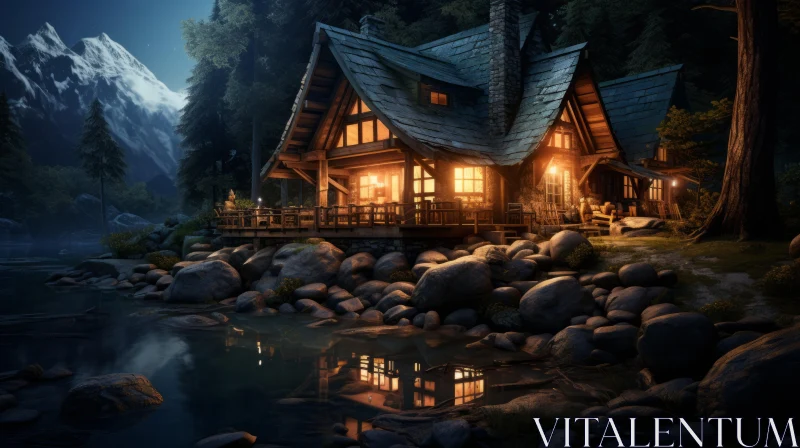 Fantasy Cabin in Wilderness - Photorealistic Landscape Art AI Image