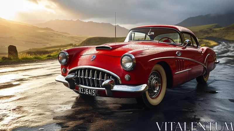 Red Vintage Car Parked on Asphalt Road in the Countryside AI Image