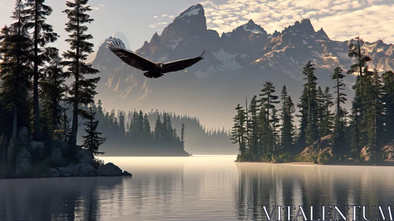 Serene Mountain Lake Landscape with Bald Eagle AI Image