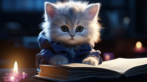 White Kitten in Blue Denim Jacket - Adorable Pose