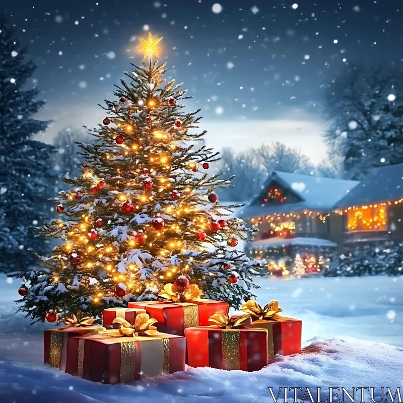 Festive Christmas Tree with Gifts in Snow AI Image