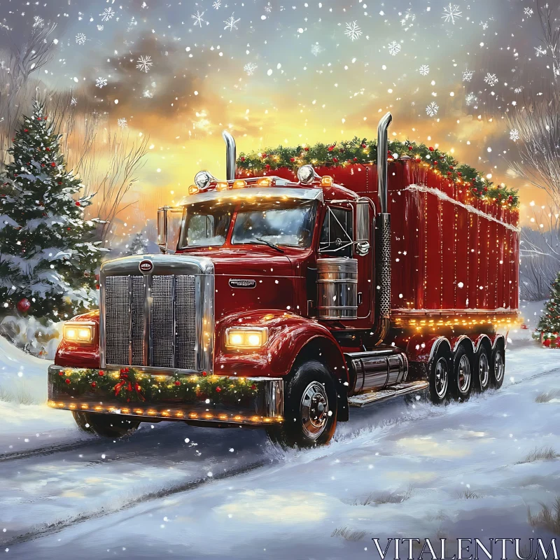 Holiday Cheer: Red Truck Adorned with Christmas Lights AI Image