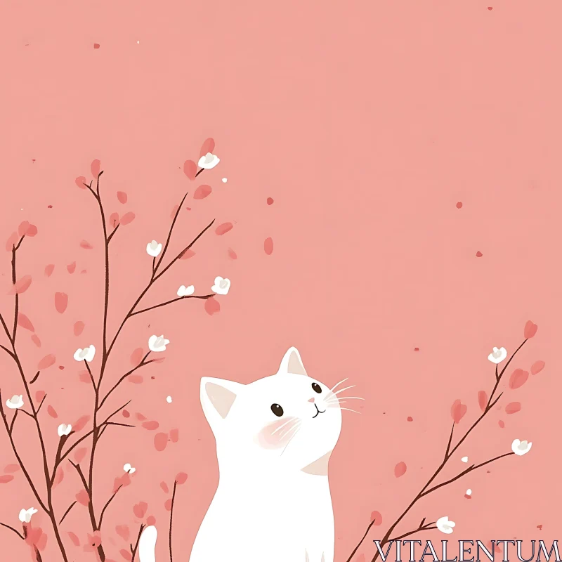 Minimalist Cat and Cherry Blossoms Art AI Image