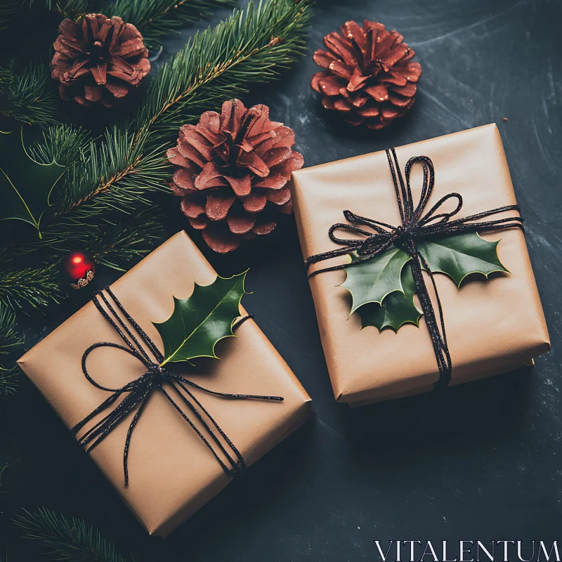 Holiday Gift Ideas: Brown Paper Wrapped Presents with Pinecones AI Image