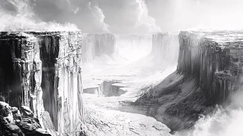 Black and White Canyon Scene with Misty Valleys