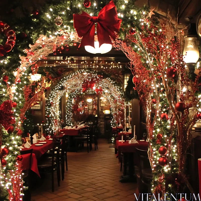 Christmas Decor in Restaurant with Twinkling Lights and Bow Adornments AI Image