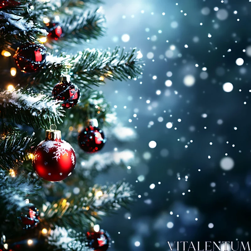 Festive Holiday Tree with Red Baubles and Snowflakes AI Image