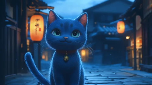 Whimsical Blue Cat in Nighttime Town