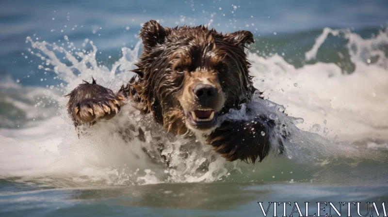 Brown Bear Splashing in Ocean - Photorealistic Detailed Portraiture AI Image
