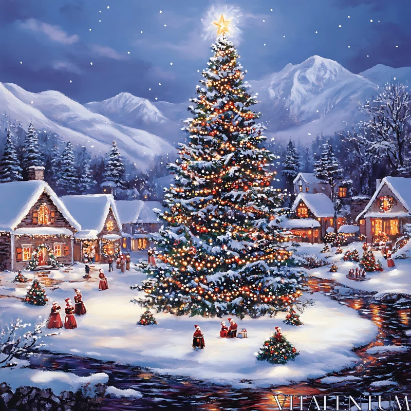 Festive Winter Scene in a Snowy Village AI Image