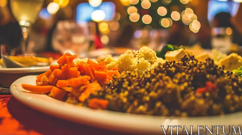 Close-up of a Plate of Food with Roasted Carrots, Quinoa, and Tofu AI Image
