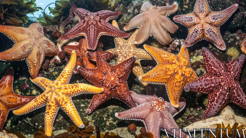 Colorful Sea Stars on Rocky Surface - Top-Down Perspective AI Image