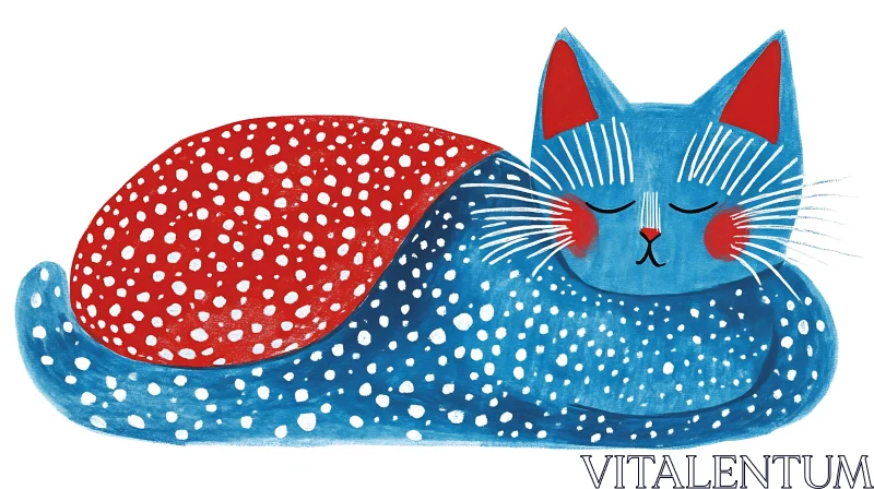 Blue Cat with Red Blanket and White Dots AI Image