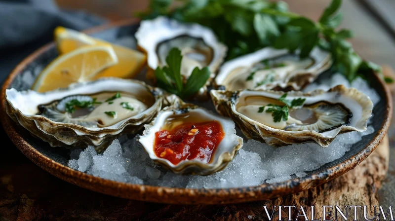 Delicious Fresh Oysters on Ice | Plate of Oysters with Lemon and Parsley AI Image
