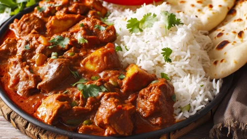 Delicious Indian Food: Curry, Rice, and Naan Bread