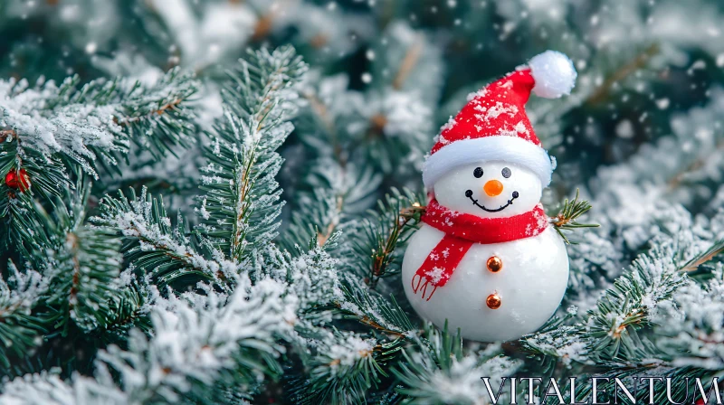 Festive Snowman Among Snowy Pines AI Image