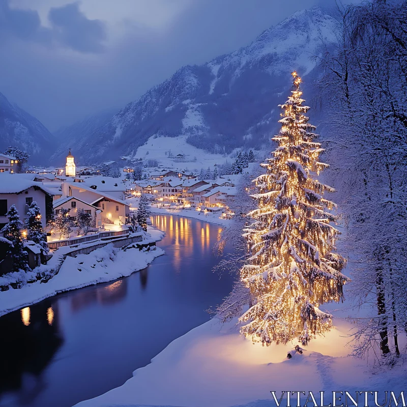 Enchanting Christmas Tree in Snowy Village AI Image