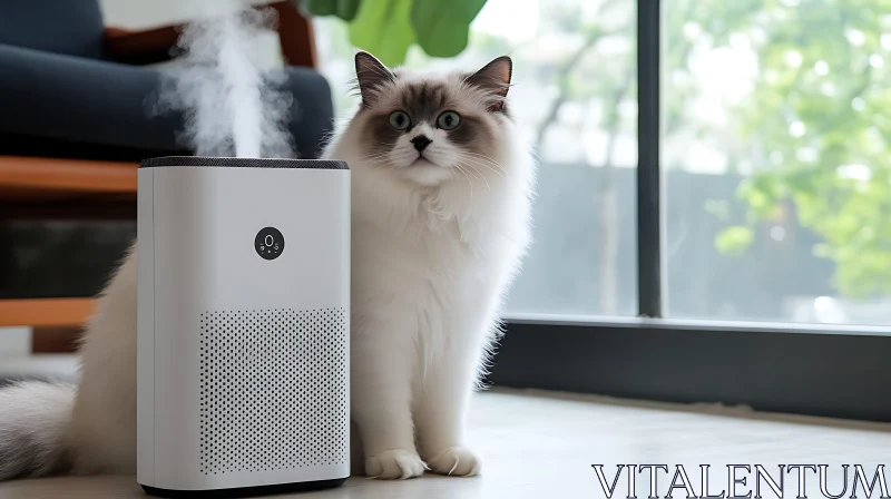 Cat Sitting Next to Air Purifier AI Image