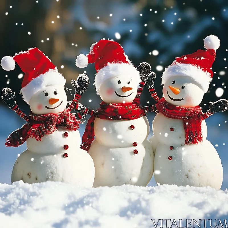 Festive Snowmen in Santa Hats and Scarves AI Image