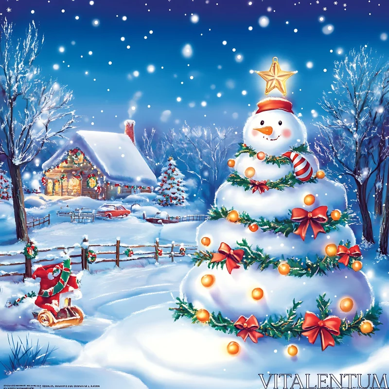 Festive Snowman and Christmas Cabin in a Winter Setting AI Image