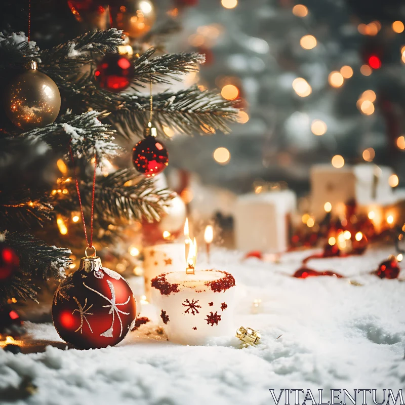 Festive Christmas Decorations with Candles and Ornaments AI Image